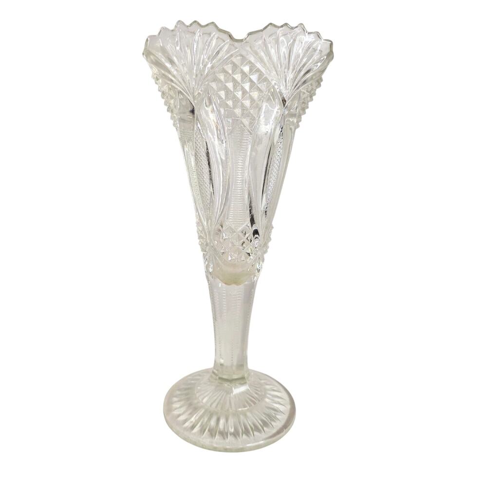 Vintage Early American Brilliant Pressed Glass Fan/Trumpet Vase 12" Tall